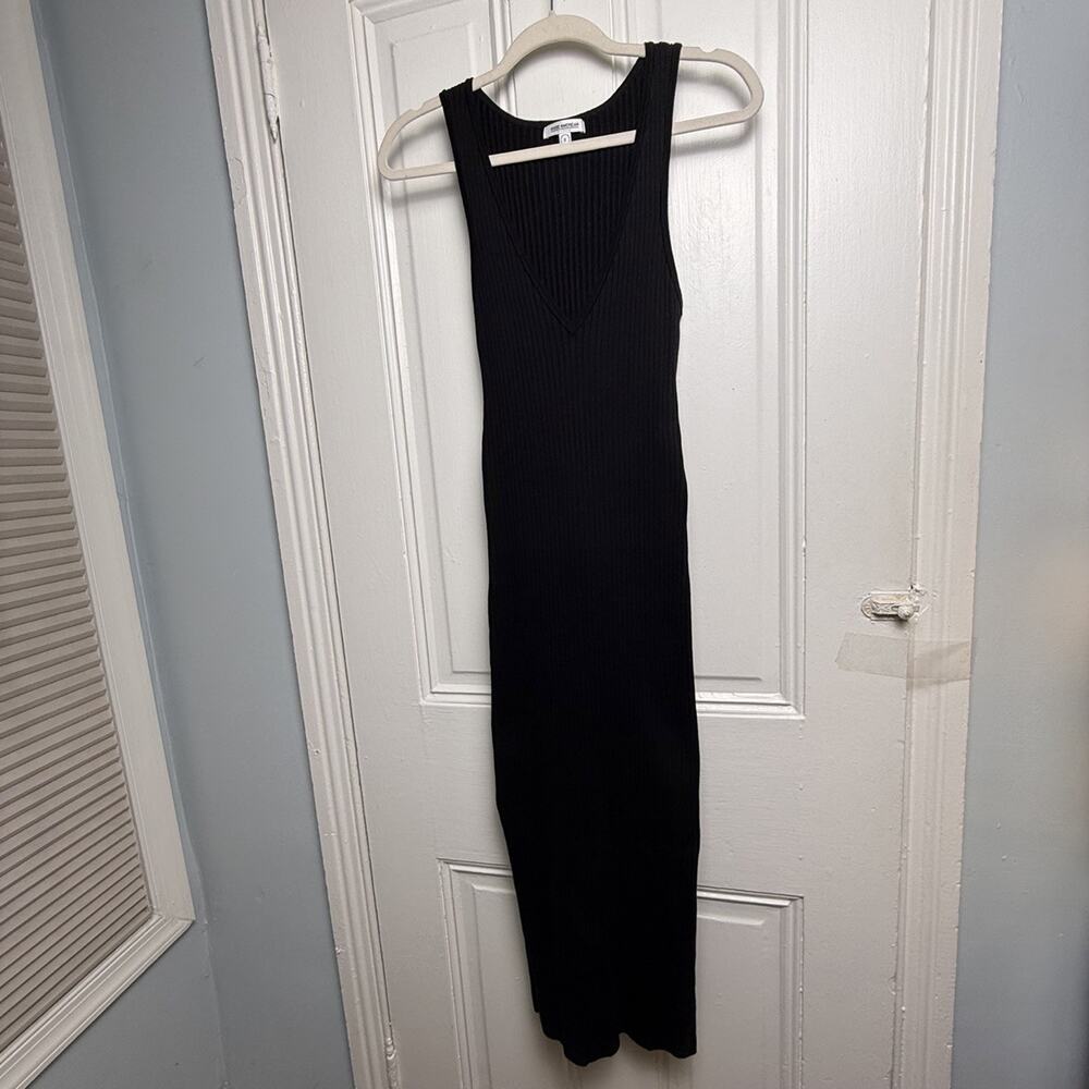 GOOD AMERICAN Black Rib Knit Deep-V Sleeveless Midi Dress Size Small Stretch